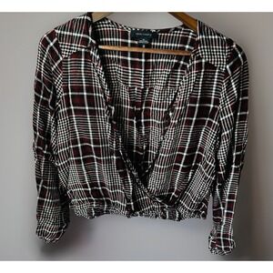 Sanctuary Women's Plaid Surplice Wrap Blouse - Burgundy Black White - Size M